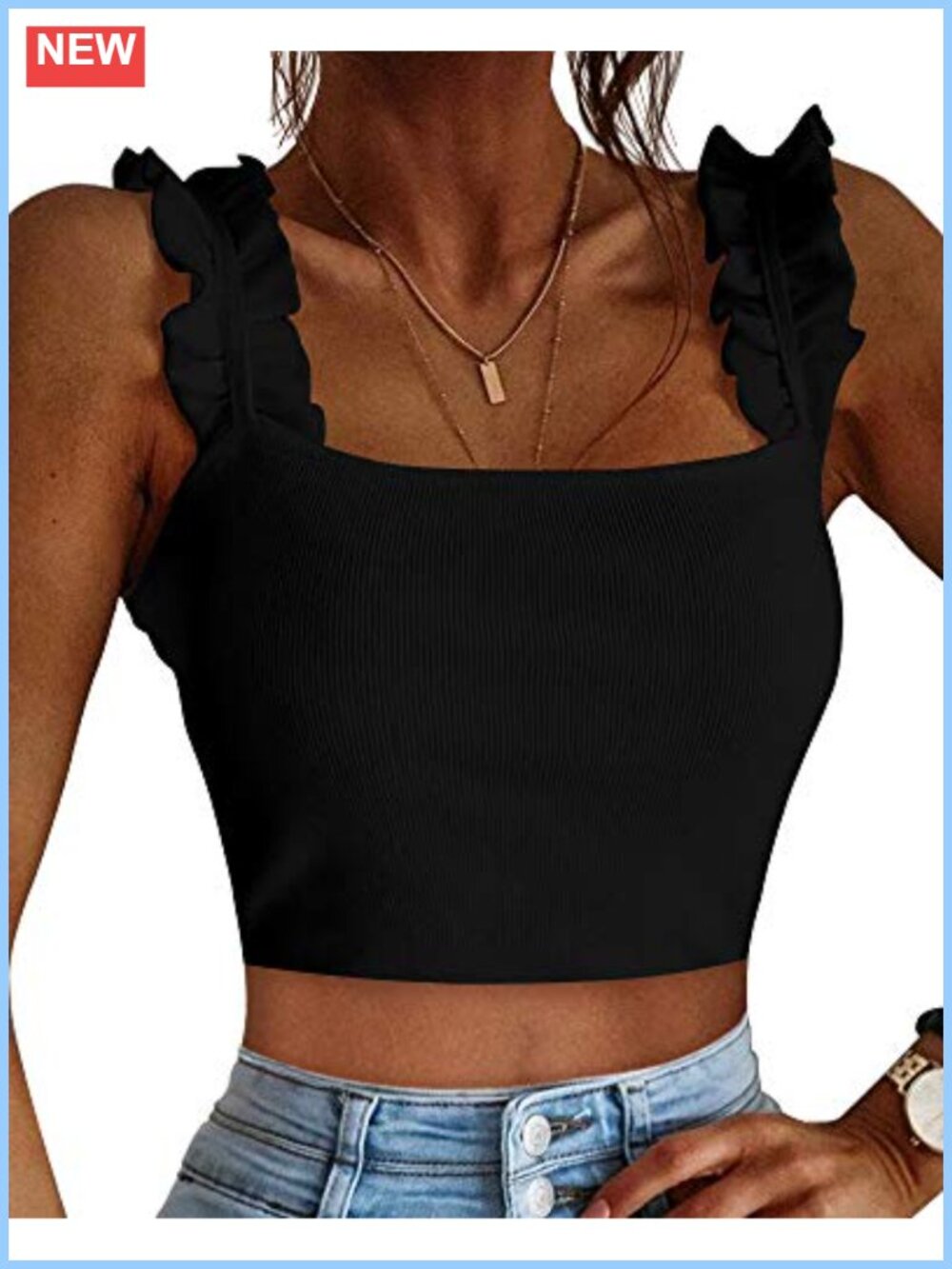 Ribbed Ruffle Strap Square Neck Crop Tank Top for Women Trendy